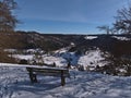 Bench on viewpoint above GroÃÅ¸e Lauter valley with view of rural village Gundelfingen, Germany in Swabian Alb.